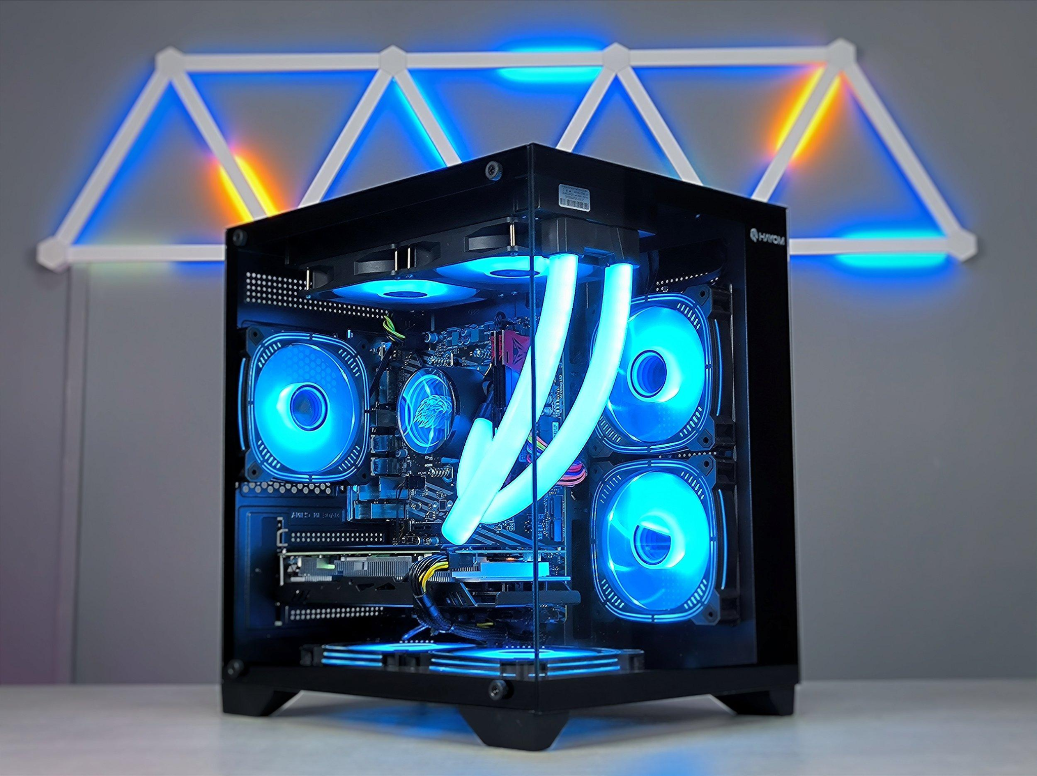 Full custom gaming computer with blue lighting