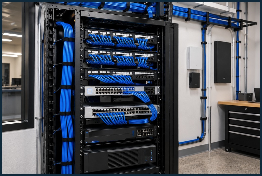 Organized network equipment rack with neatly routed blue Ethernet cables
