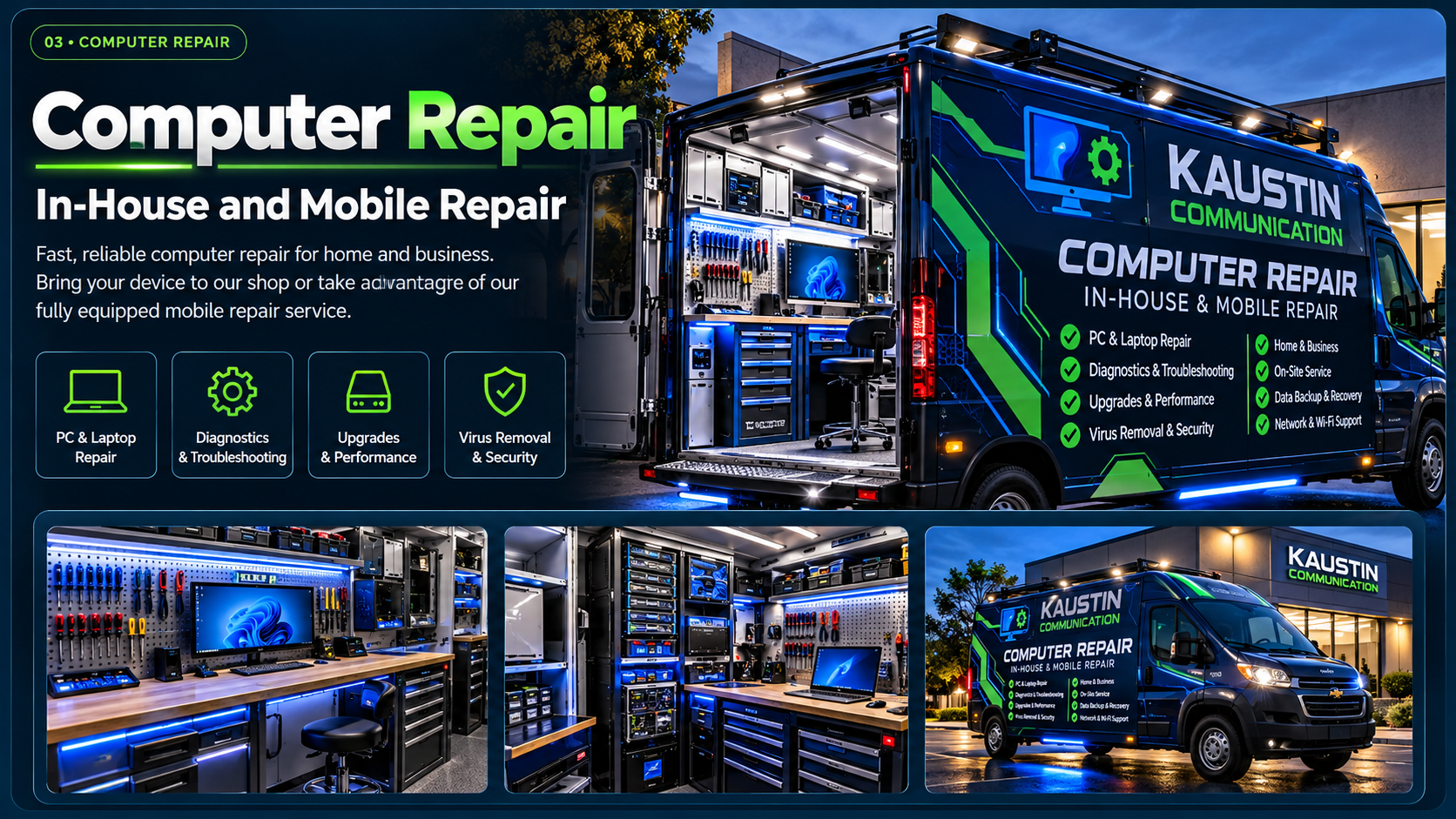 AI concept of a Kaustin Communication mobile computer repair vehicle with an organized workshop interior and no people