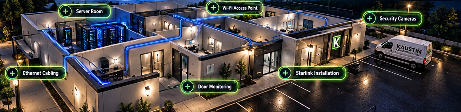 Illustrated building showing network, cameras, access points and cabling locations